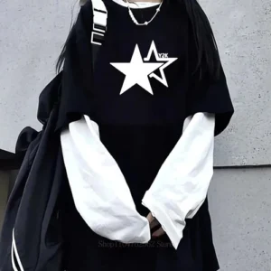 Women Star Y2K Print Graphic Fake Two Long Sleeved T-shirts Fashion